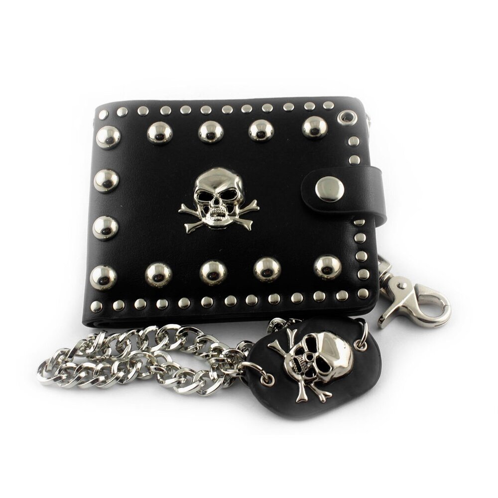 8612 skull Biker Punk studded Leather Wallet with a Jeans Long Key chain